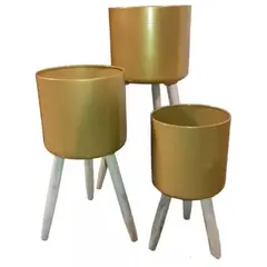 GENERICO - Set 3 Maceteros Base Madera Dorado