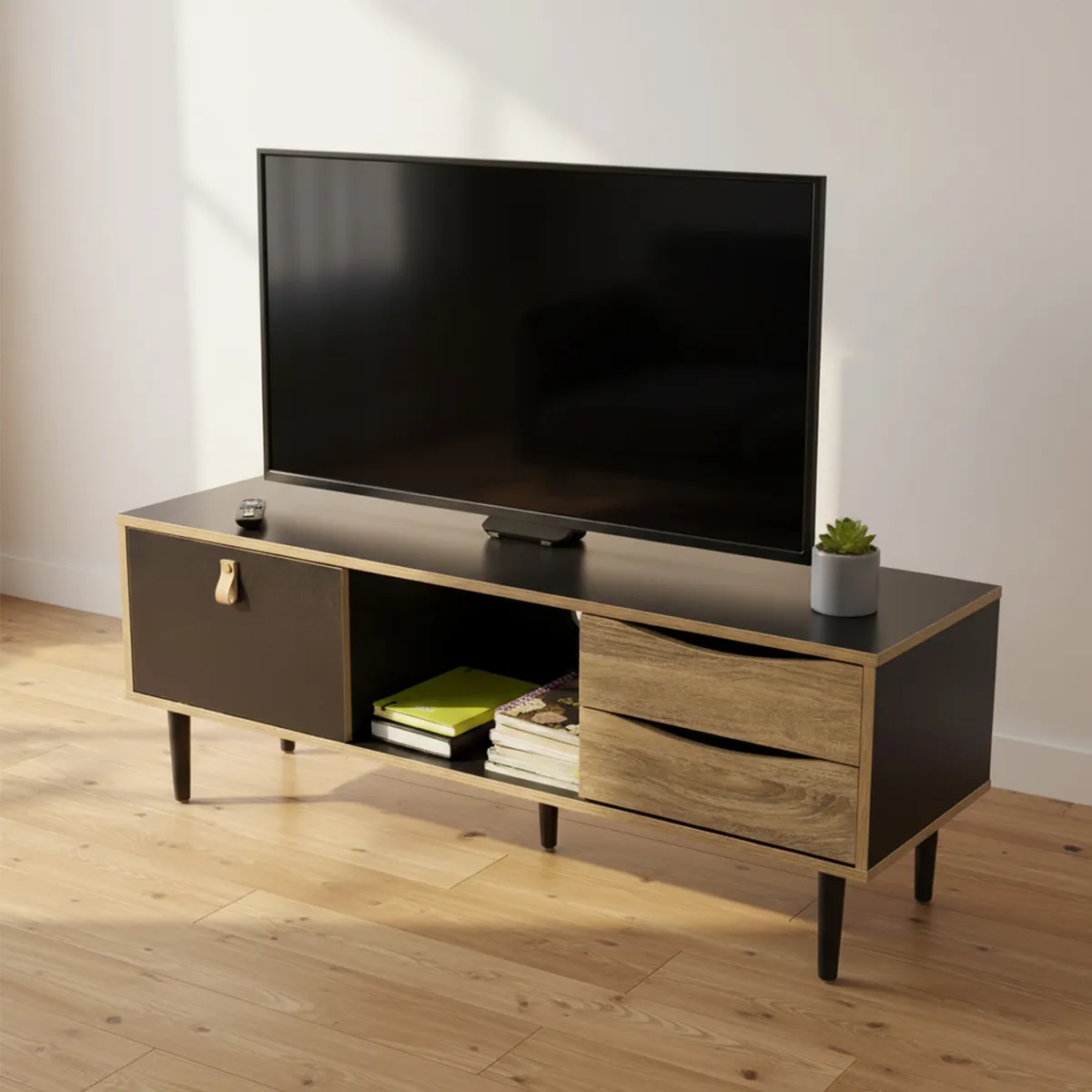 RELAN - Rack de Tv Negro Top Living Venice con Puerta y Cajones