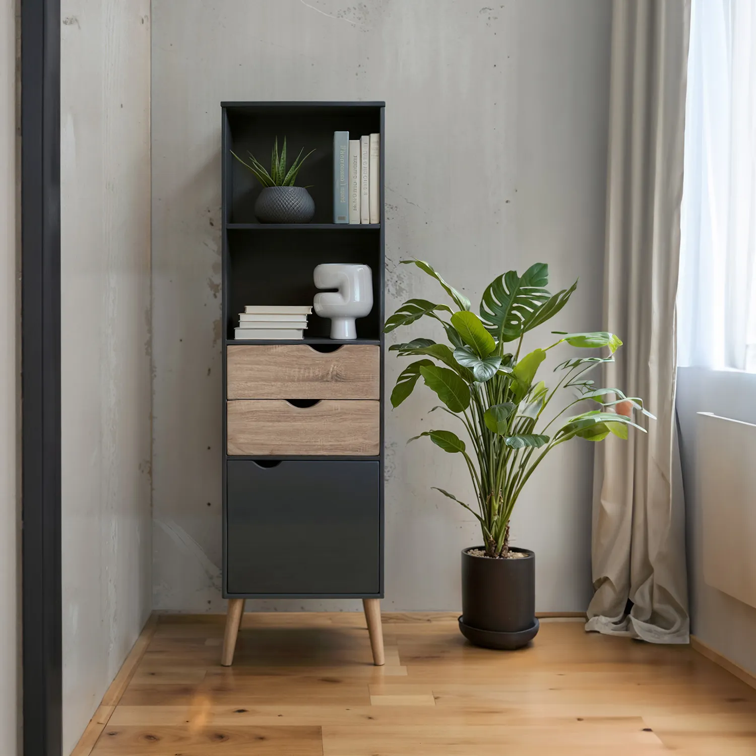 Estante Librero Top Living Gotemburgo Black Nórdico con Cajones
