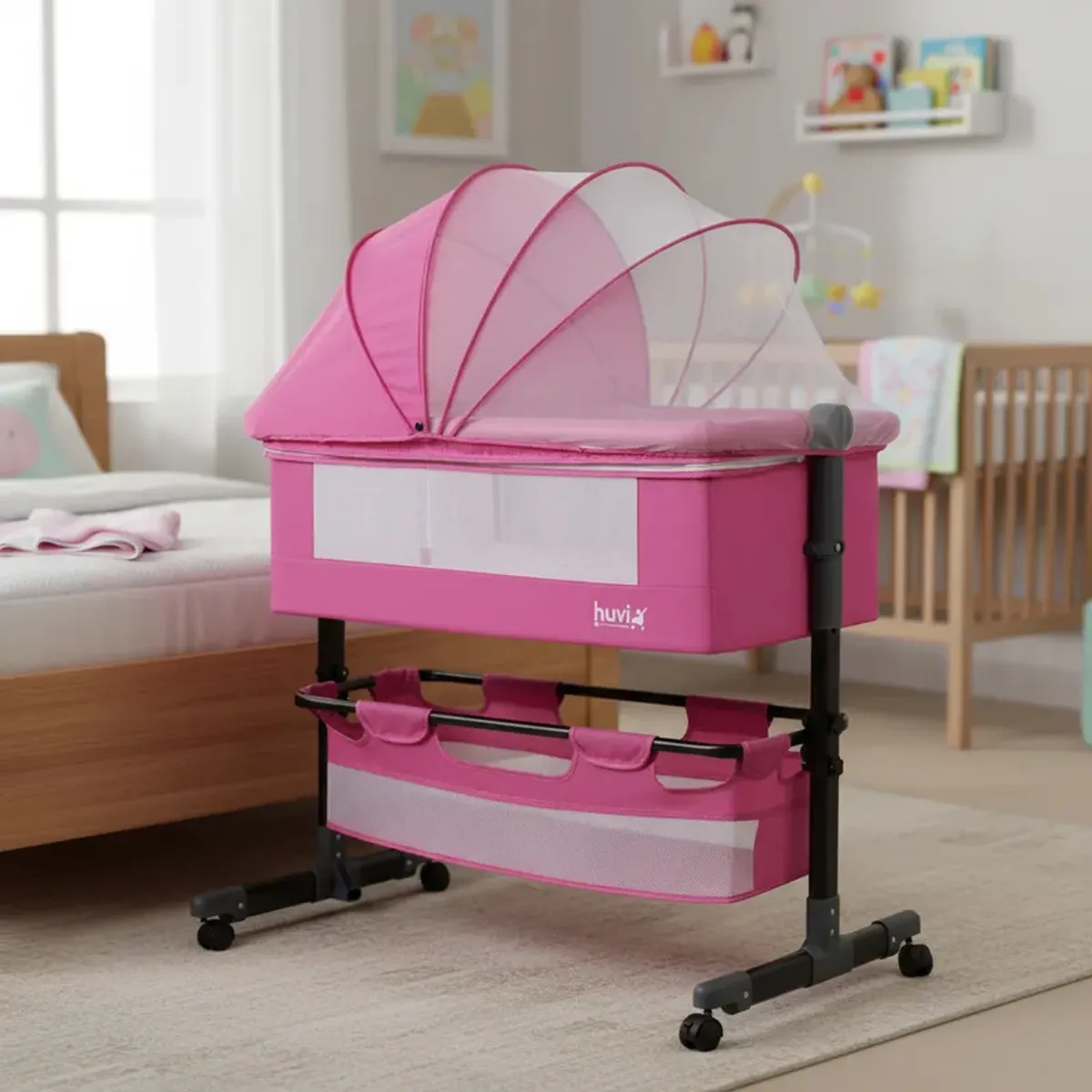 BEBESIT - Cuna Colecho Cozy con Colchón Mosquitero y Canasto Rosa Huvi