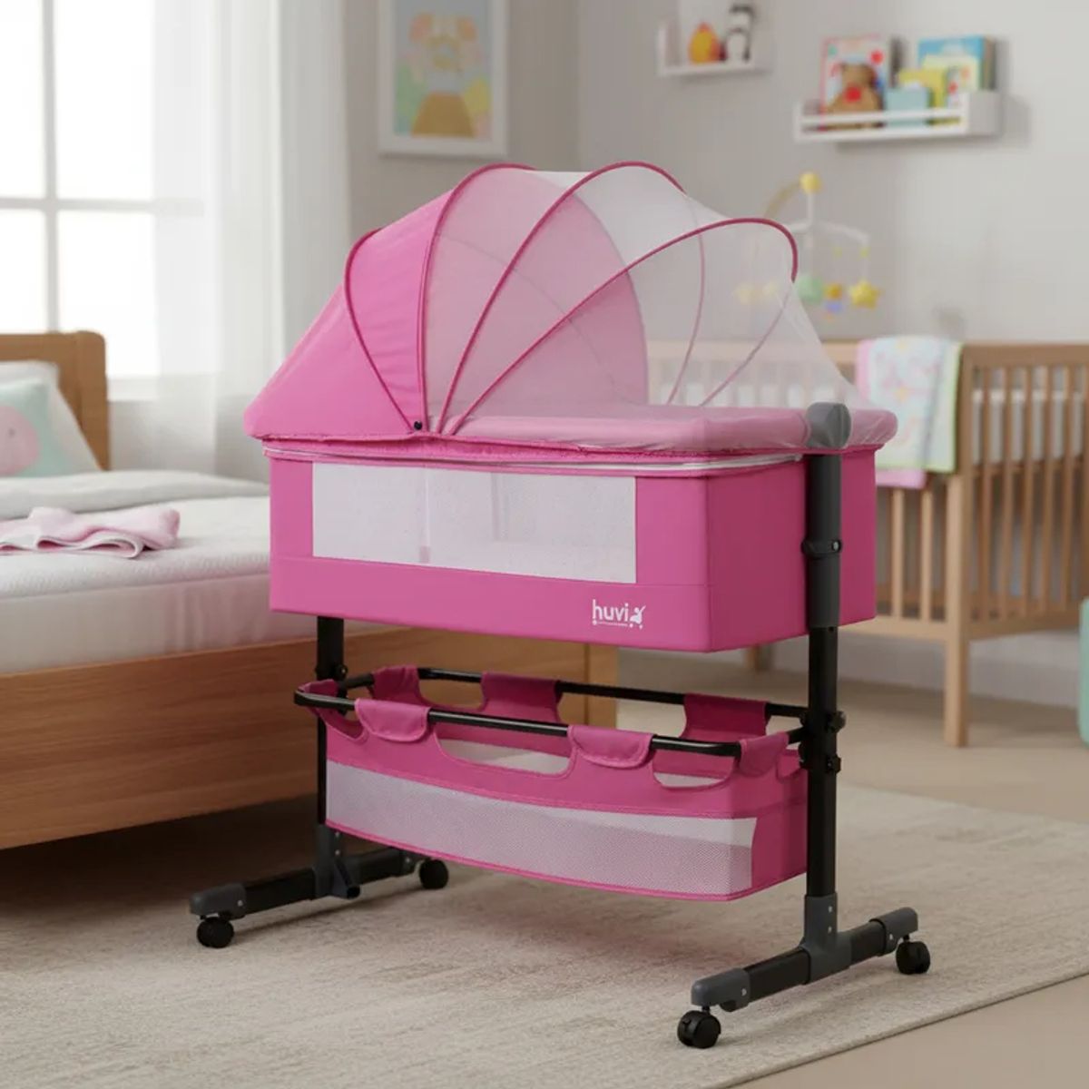 BEBESIT - Cuna Colecho Cozy con Colchón Mosquitero y Canasto Rosa Huvi