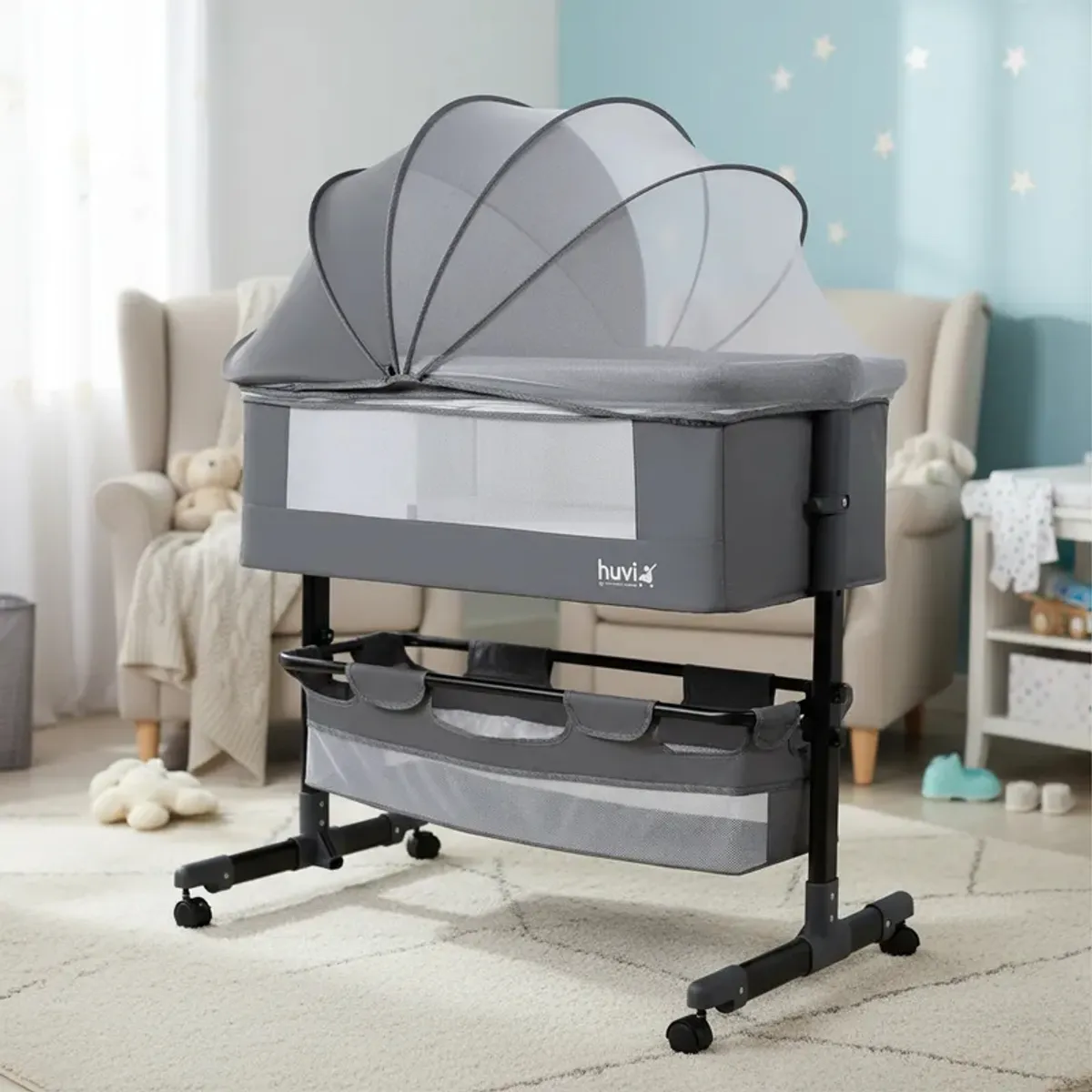 BEBESIT - Cuna Colecho Cozy con Colchón Mosquitero y Canasto Gris Huvi