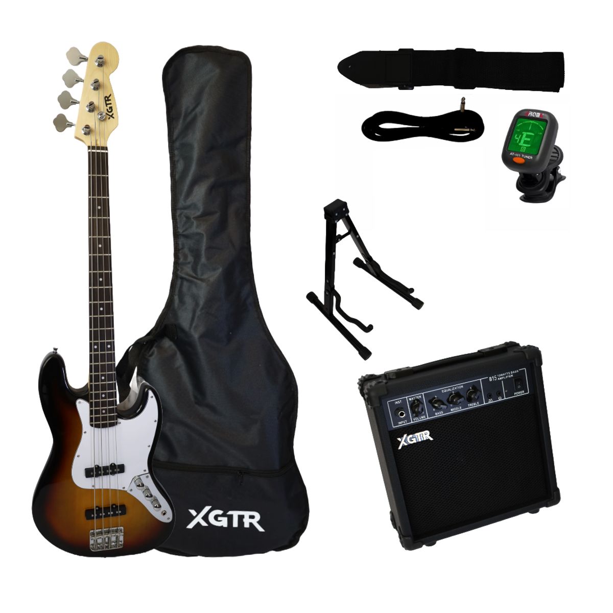 XGTR - Pack Bajo Eléctrico Jazz Sunburst JB100 SB, Amp 15w XGTR