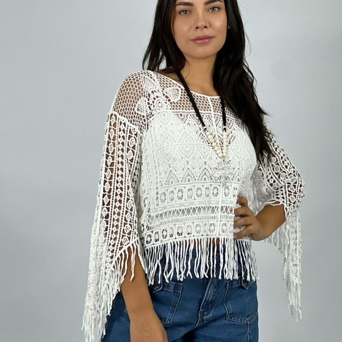 ENIGMATICA BOUTIQUE - Polera Tejida Con Flecos Blanco Enigmática Boutique