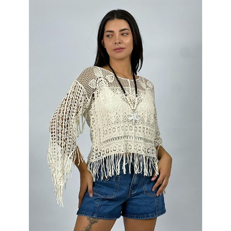 ENIGMATICA BOUTIQUE - Polera Tejida Con Flecos Blanco Enigmática Boutique