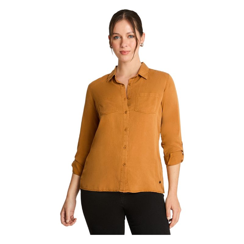 CURVI - Blusa Manga Larga Lyocel Color Mostaza