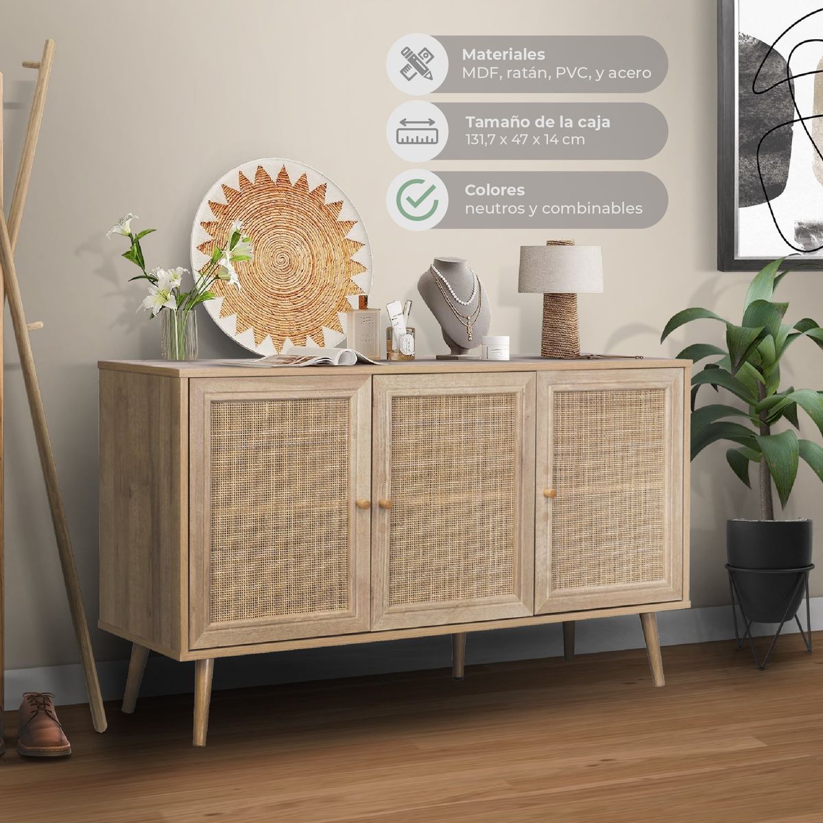 RELAN - Aparador Buffet de Ratán Top Living Maui con 3 Puertas