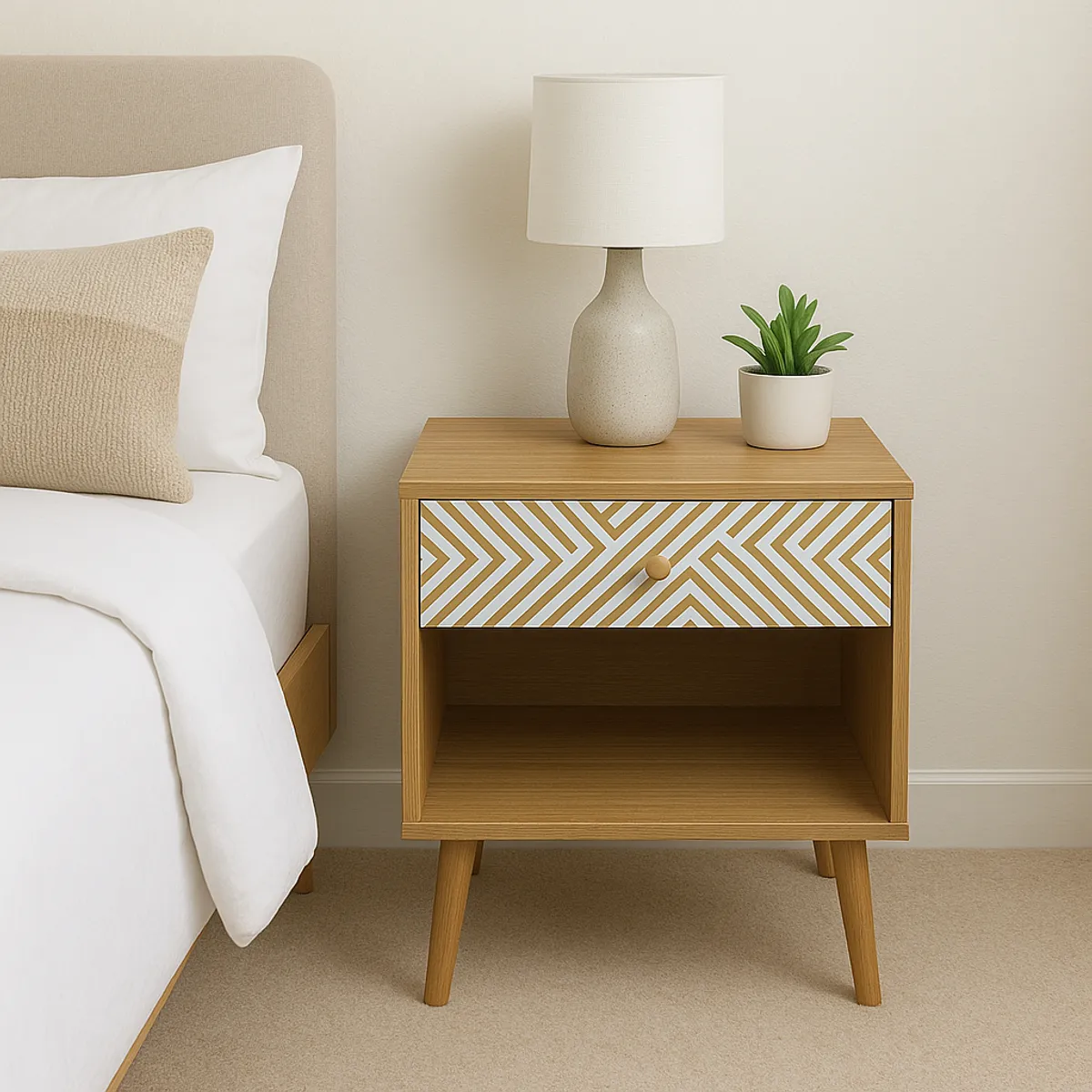 RELAN - Velador Top Living Moon con Cajón y Estante Blanco y Madera