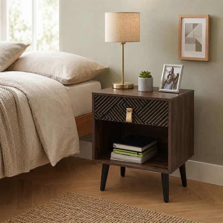 Velador Top Living Moon Black Con Cajon y Estante Negro