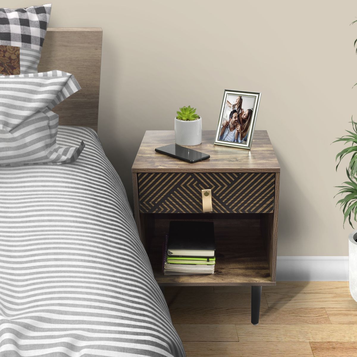 RELAN - Velador Top Living Moon Black Con Cajón y Estante Negro