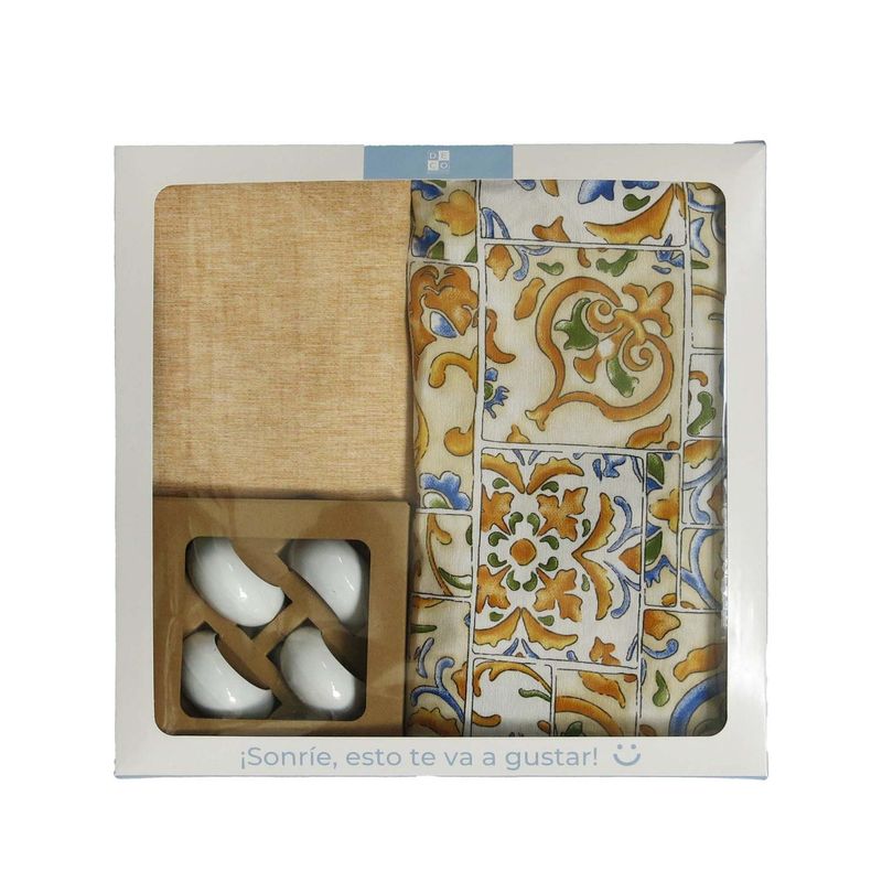 DECO EXPRESS - Box Textil y Argollas Tiles - (Mantel, Caminito, Servilletas y Argollas)