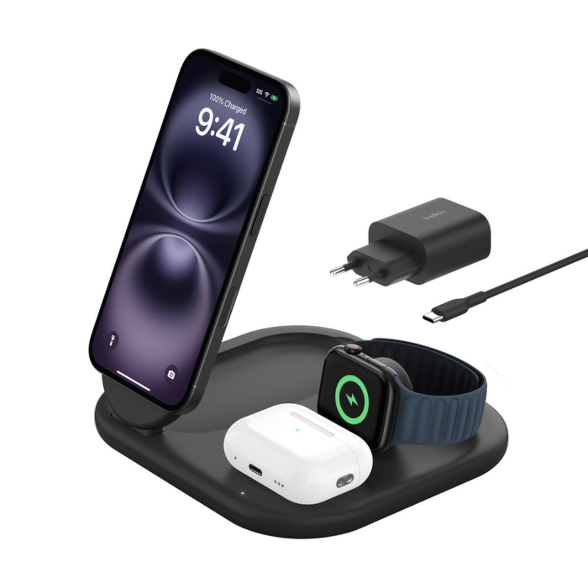 BELKIN - Base de carga 3 en 1 plegable BoostCharge Qi2 15 W Negra