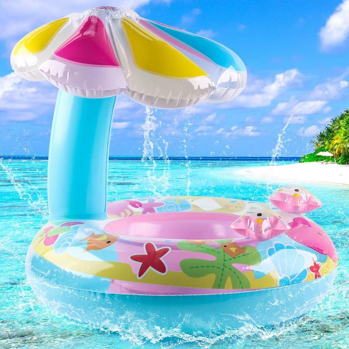 OEM - FLOTADOR INFLABLE CON SOMBRILLA PARA BEBE AZUL
