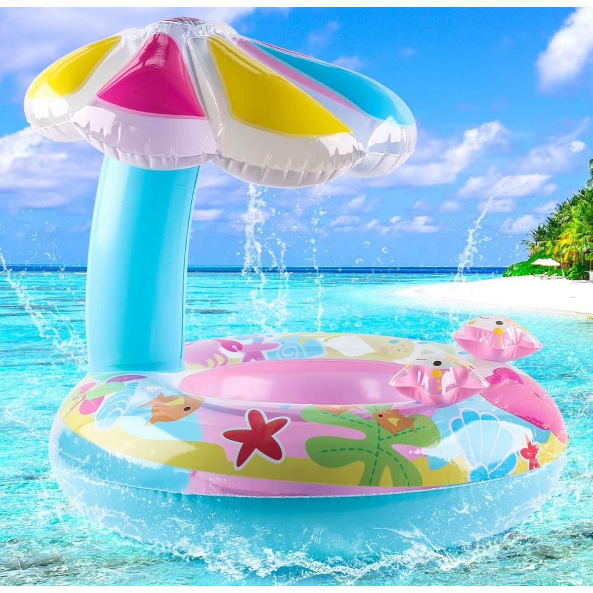 OEM - FLOTADOR INFLABLE CON SOMBRILLA PARA BEBE AZUL