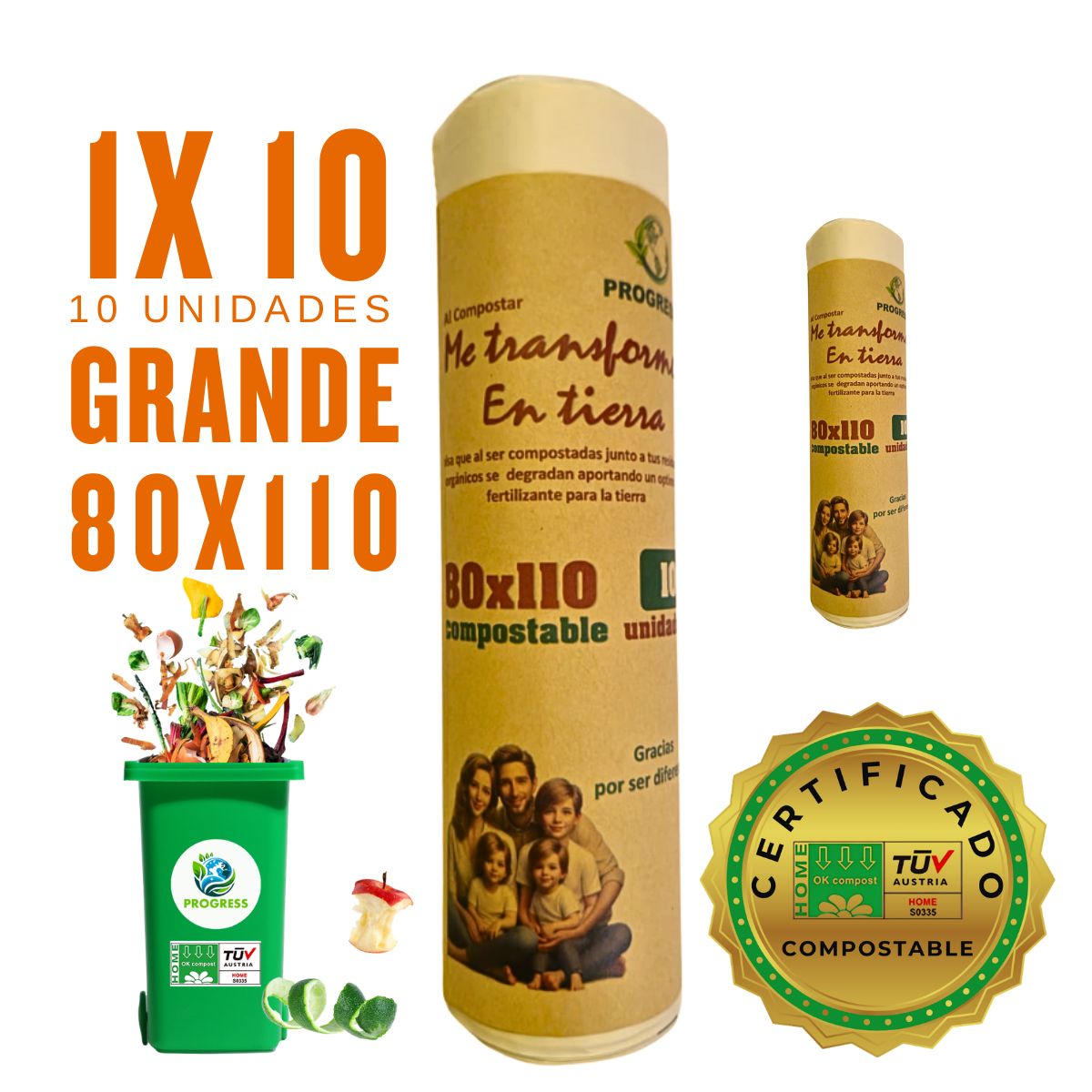 GENERICO - Bolsa Basura 80x110cm - 10 unds Biodegradable & Compostable.