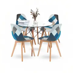 KLIK - Mesa Redonda vidrio 80cm + 4 Sillas Eames Patchwork Tela Wood Celeste