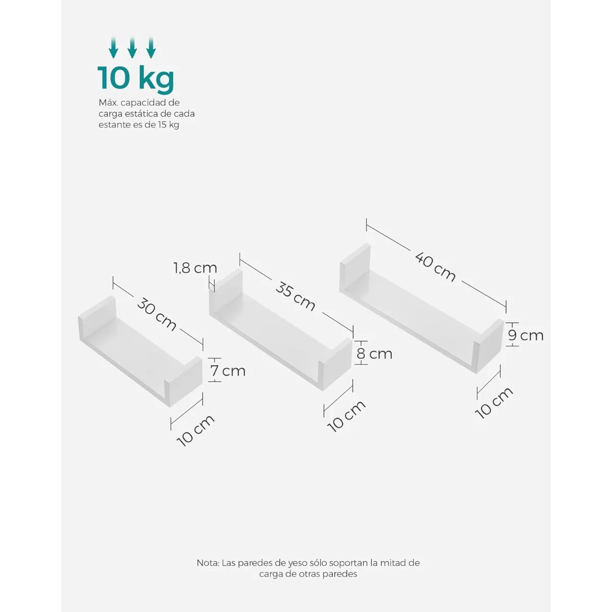 SPACEZAT - Set 3 Estantes Repisa Pared Corchete Blanco Arendal