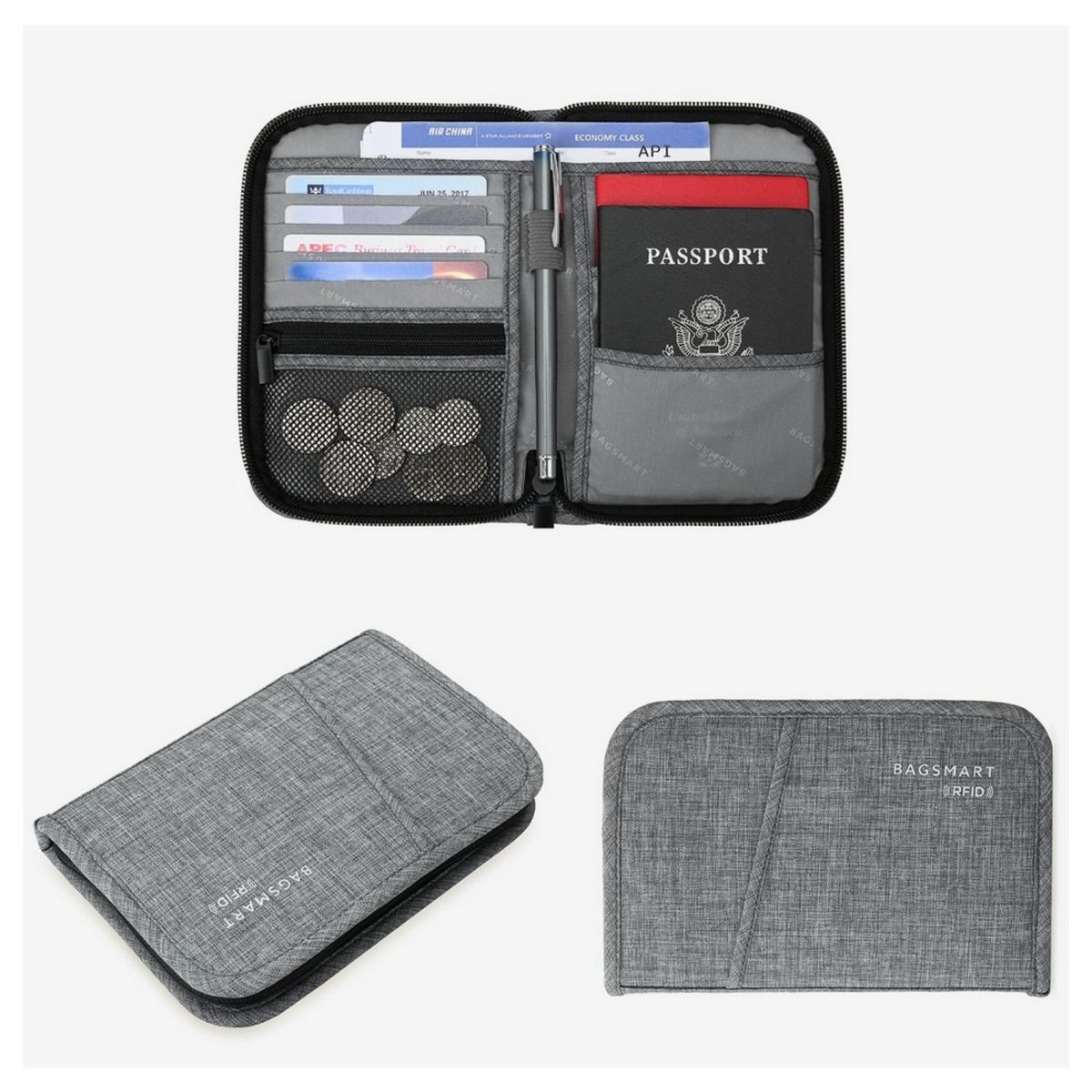 BAGSMART - Bagsmart Porta Documentos de Viaje LAX con Bloqueo RFID Gris