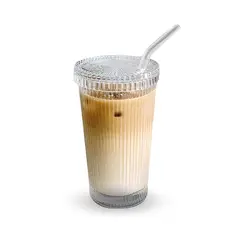 SANTU HOME & DECO - Vaso Vidrio con Bombilla y Tapa Lineas 380ml