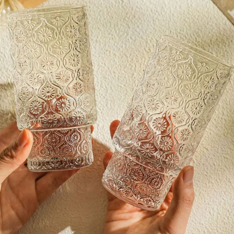 SANTU HOME & DECO - Set 4 Vasos Vidrio Relieve Flor Begonia 280ml Agua Cafe