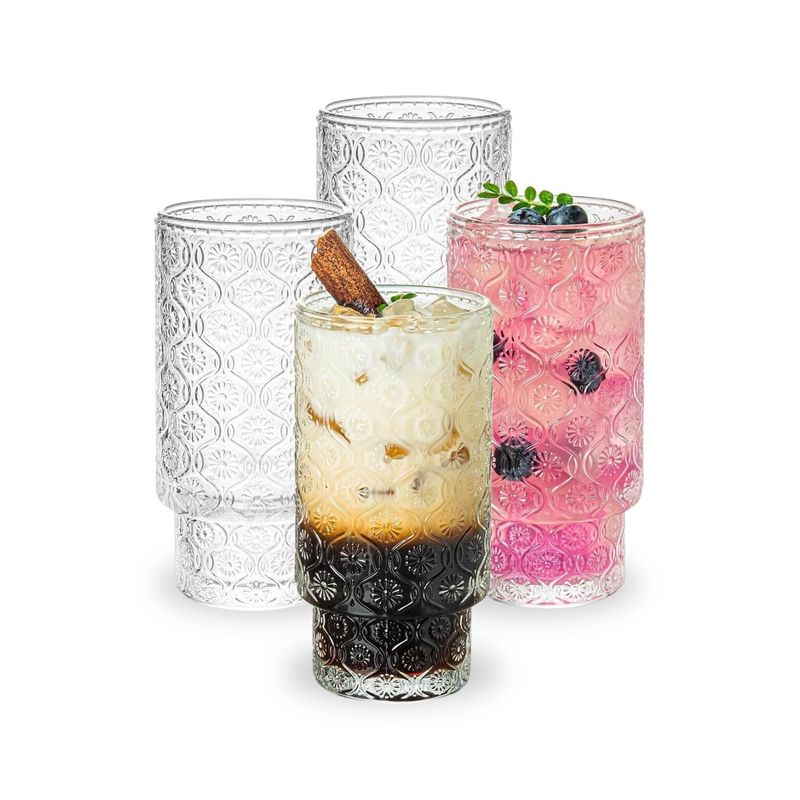 SANTU HOME & DECO - Set 4 Vasos Vidrio Relieve Flor Begonia 280ml