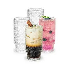 SANTU HOME & DECO - Set 4 Vasos Vidrio Relieve Flor Begonia 280ml