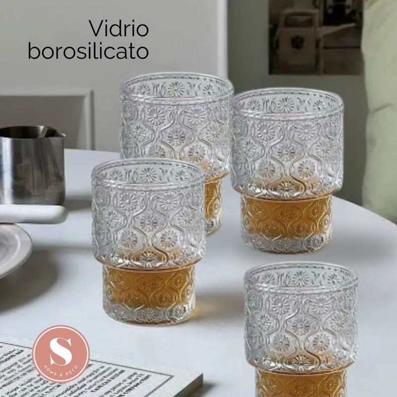 SANTU HOME & DECO - Set 4 Vasos Vidrio Relieve Flor Begonia 180ml
