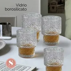 SANTU HOME & DECO - Set 4 Vasos Vidrio Relieve Flor Begonia 180ml