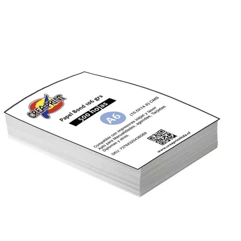 CREA PRINT - Resma De Papel Bond 500 Hojas Tamaño A6 10 X 15 Cms 106 Grs