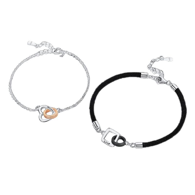 GENERICO - Pulsera Plata 925 Doble Anillo Love Forever Amor Parejas Par