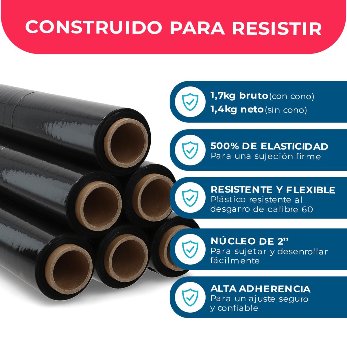 GENERICO - Film Stretch Negro 1,7kg (350m) Pack Mayorista - Caja 6 Uds