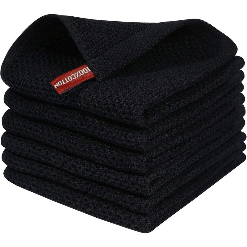 GENERICO - Paño de Cocina Algodón Pack 6 Estilo Waffle Cuadrado 34x34 Negro