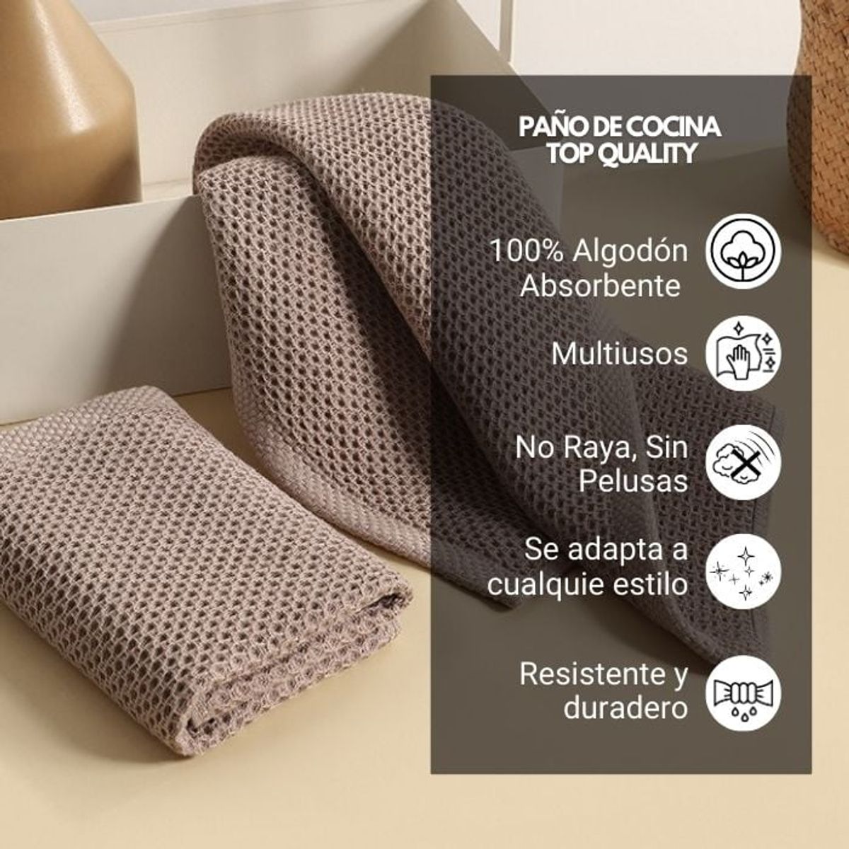 GENERICO - Paño de Cocina 70x34cm Toalla Wafle Algodon 77gr Pack 3 U Beige