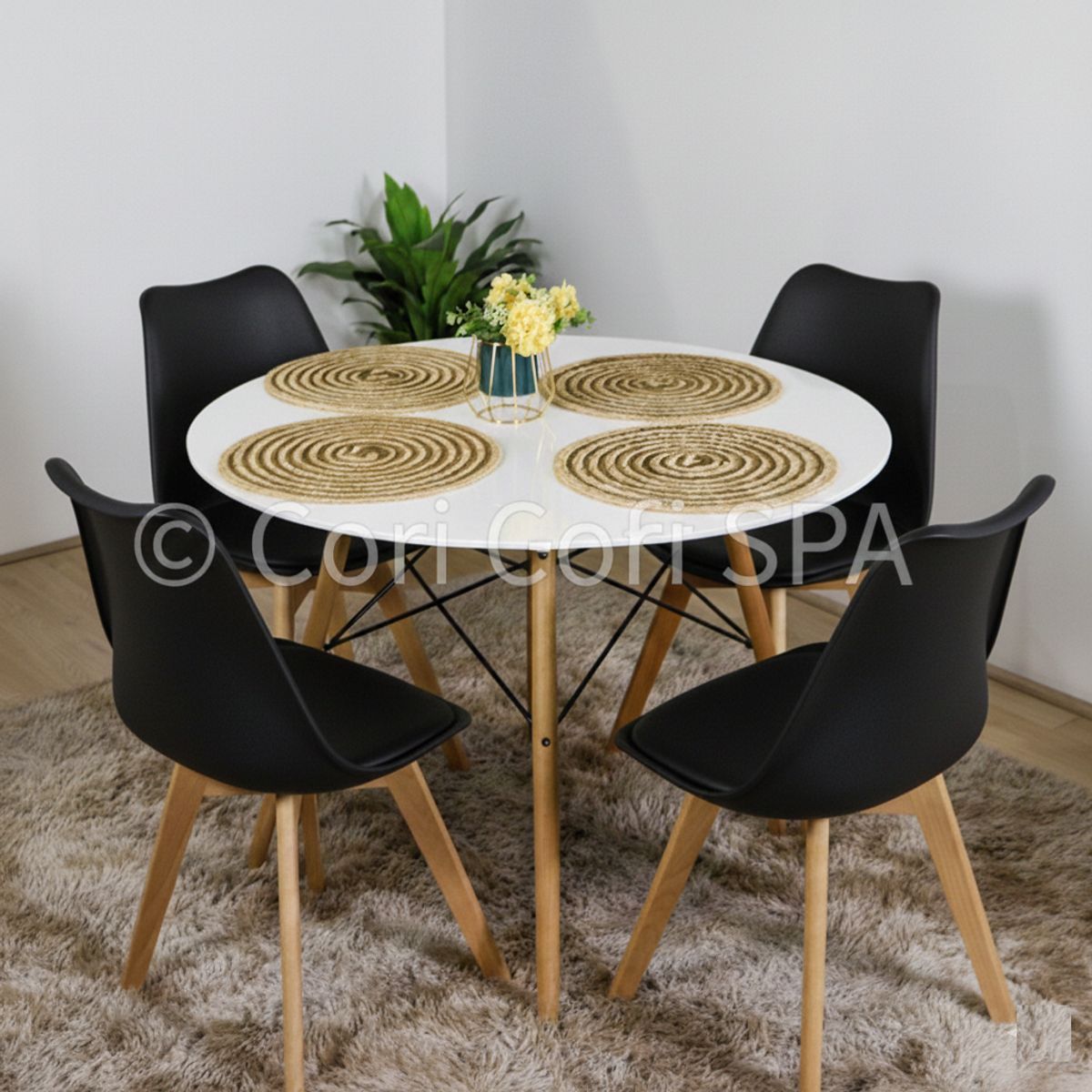 CORI CORI - Comedor Mesa Eames Blanco 100cm + 4 Sillas Tulip Negra