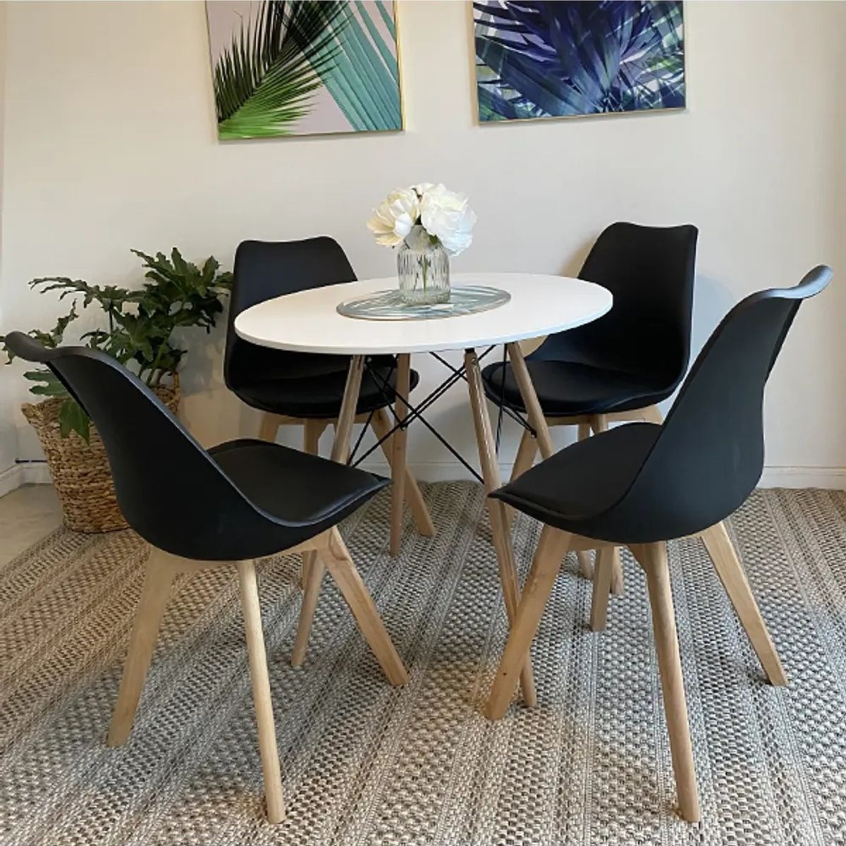 CORI CORI - Comedor Mesa Eames Blanco 100cm + 4 Sillas Tulip Negra