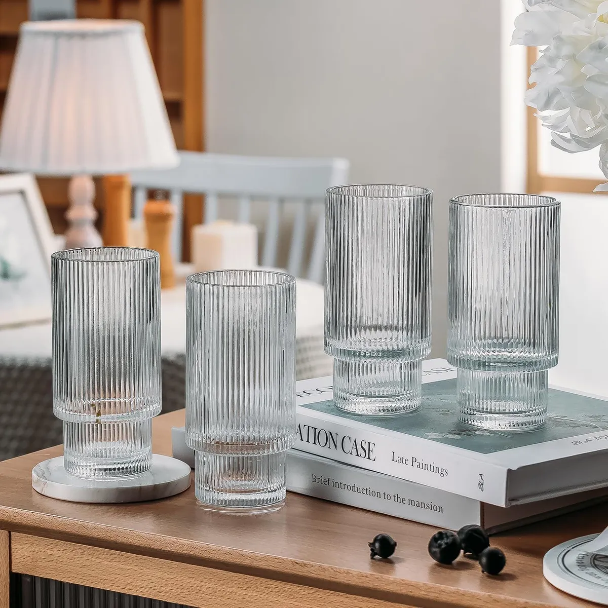 SANTU HOME & DECO - Set De 4 Vasos De Vidrio Diseño De Líneas 400 Agua Cafe Taza