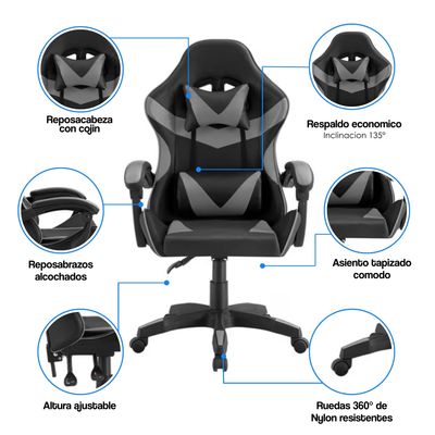 Imagen 2 del producto Silla Gamer Tokio Ergonómica Negro y Gris Reclinable