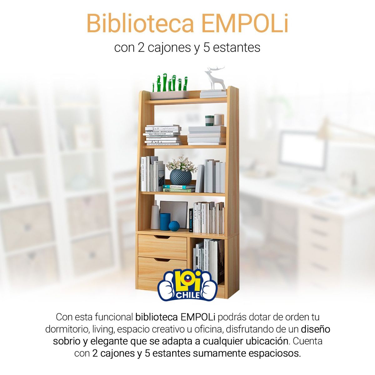 EMPOLI - Biblioteca con 2 Cajones y 5 Estantes Empoli Beige - Café Claro