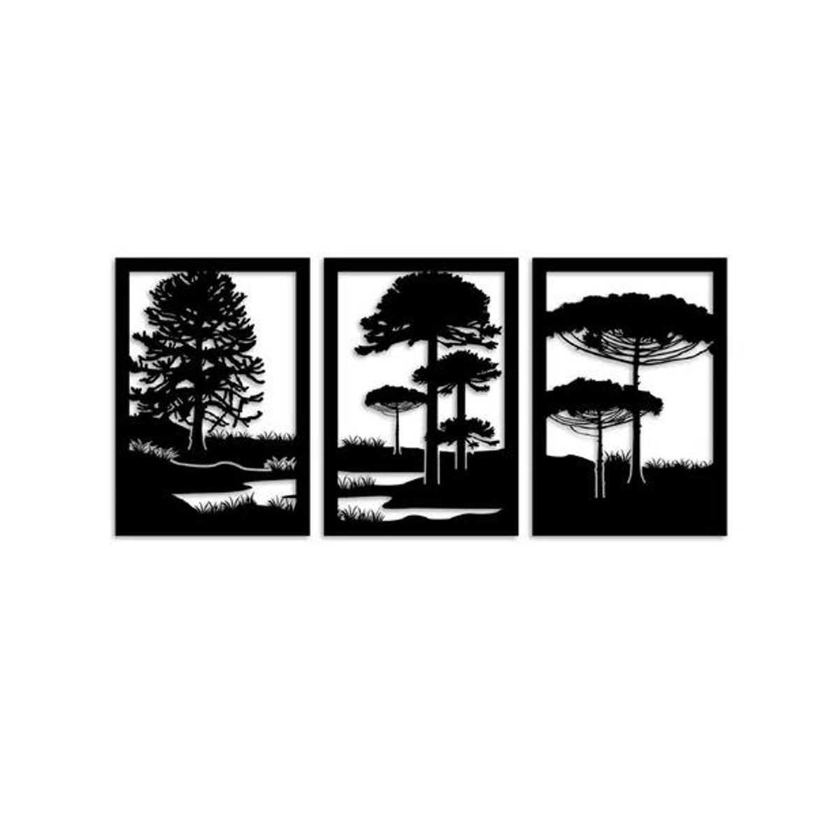 GENERICO - Set de 3 Cuadros Paisaje Árboles Araucarias Negro