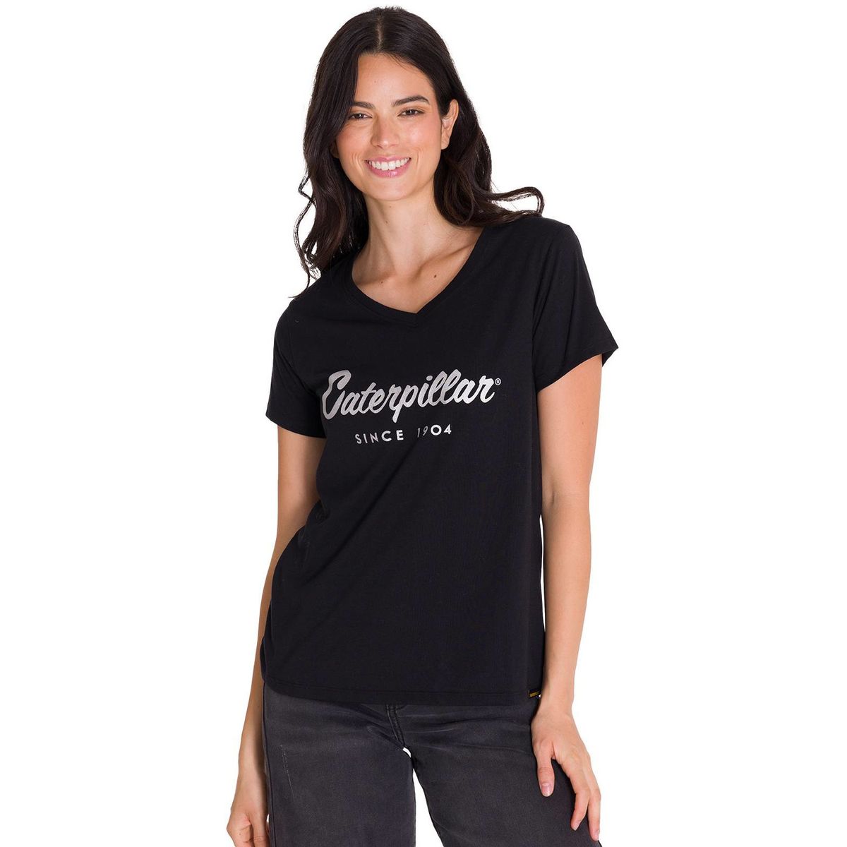 CAT - Polera Metallic Script V-Neck Mujer Negra CAT