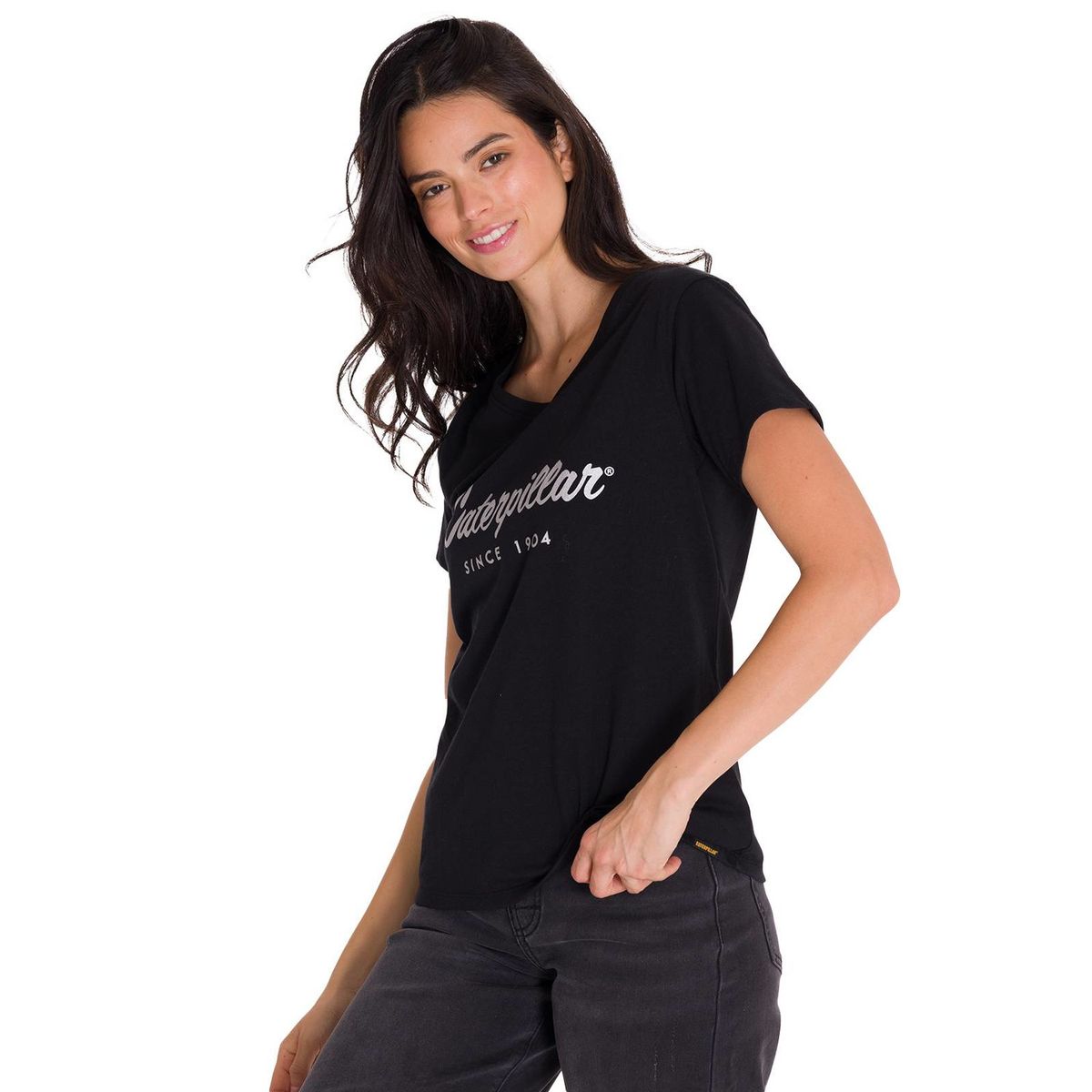 CAT - Polera Metallic Script V-Neck Mujer Negra CAT