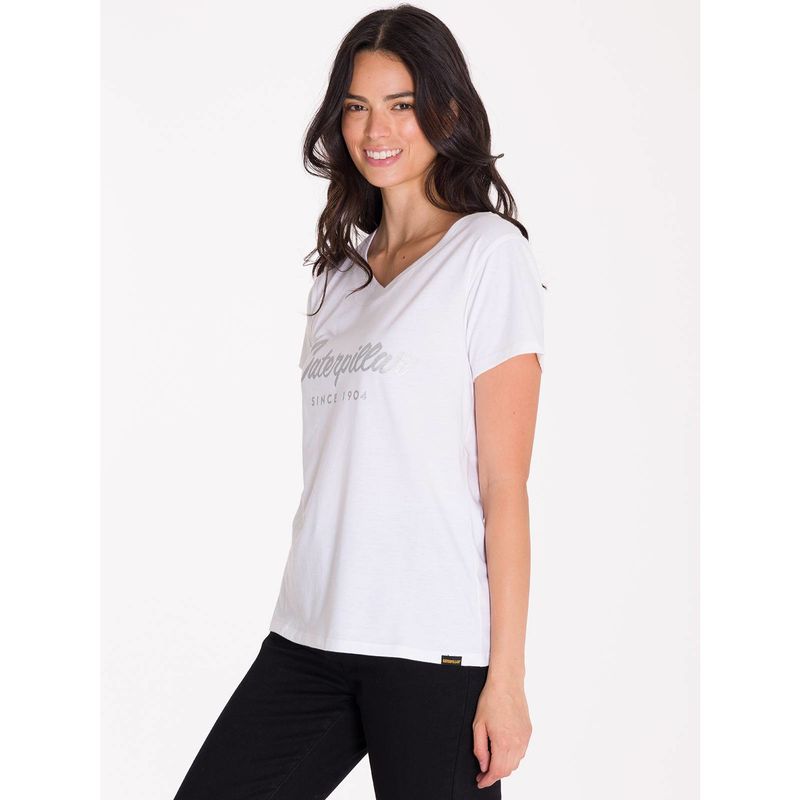 CAT - Polera Metallic Script V-Neck Mujer Blanca CAT