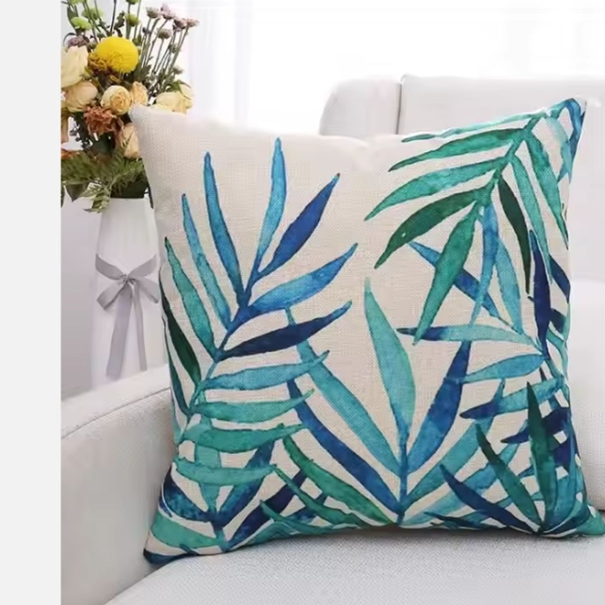 GENERICO - Funda De Cojín 45x45 Cm De Lino Y Algodón Con Hoja De palma