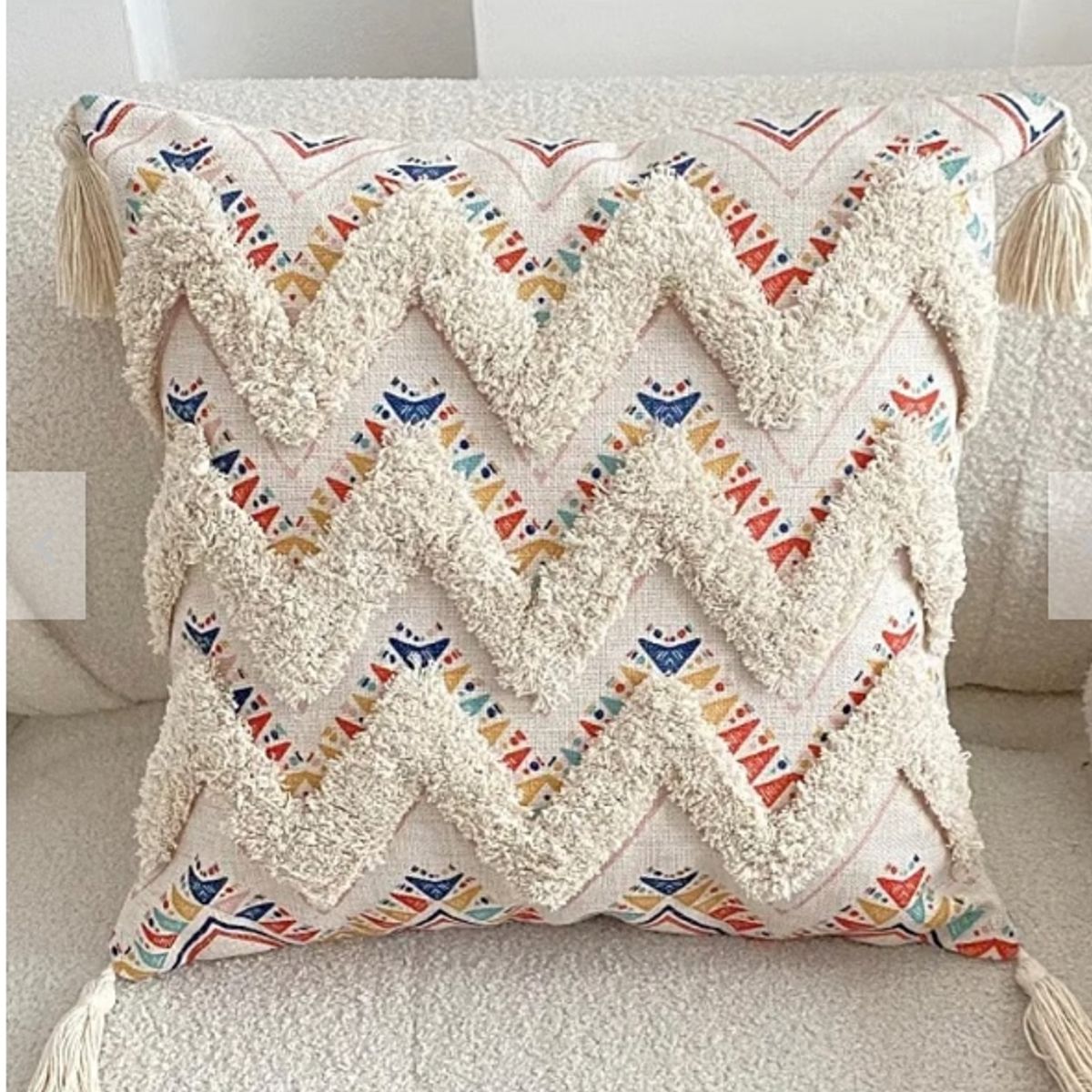GENERICO - Funda Para Cojín Boho Lino Bordado Zig Zag 45x45 Cm
