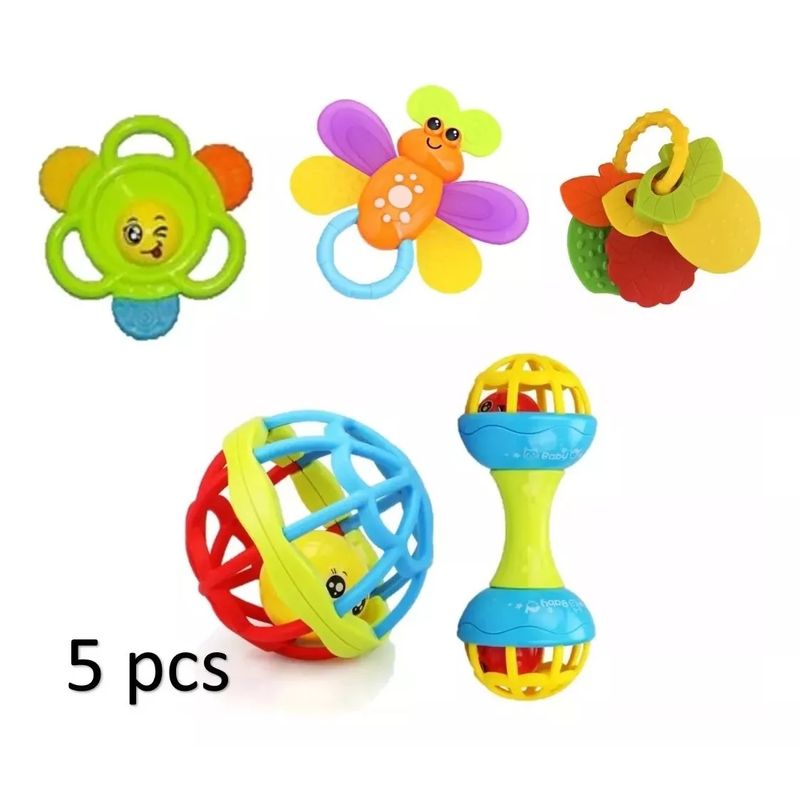 GENERICO - Set 5 Pzs Pelota - Sonajero - Mordedor Sensorial Bebé