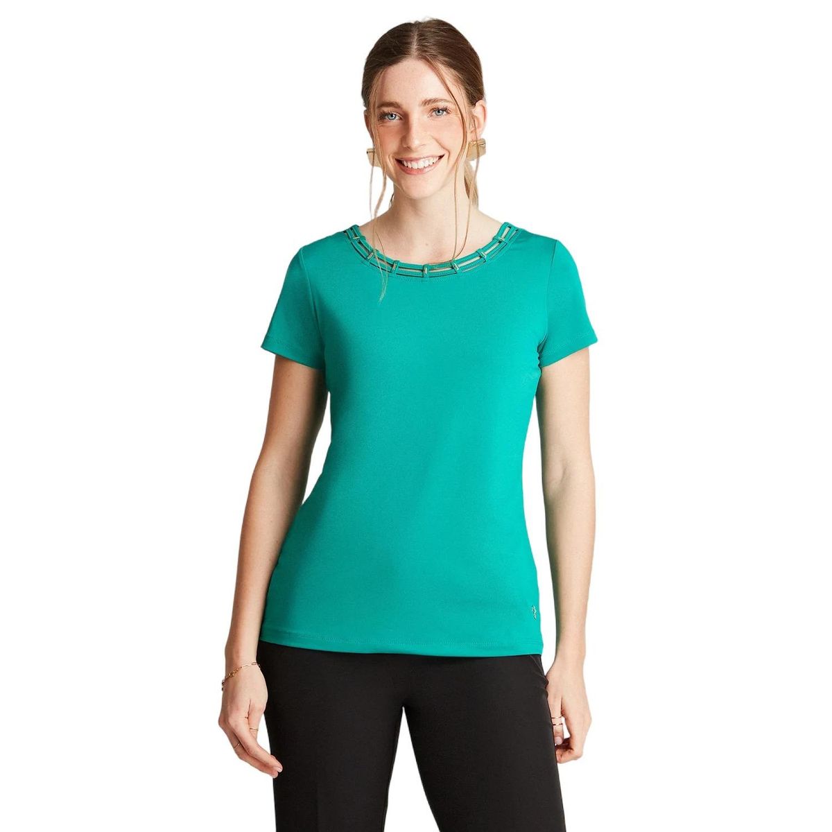 LORENZO DI PONTTI - Polera Manga Corta Verde Detalle En Escote