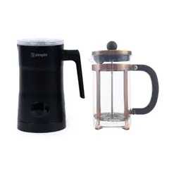 SIMPLIT - Pack Espumador Leche Negro + Cafetera Prensa Francesa 600 ml