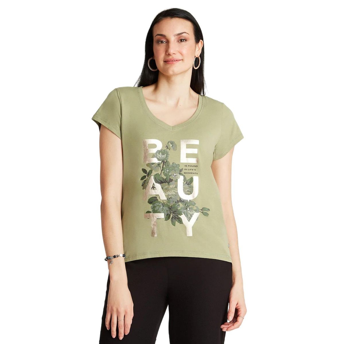 CURVI - Polera Verde Manga Corta Estampado Cuello V