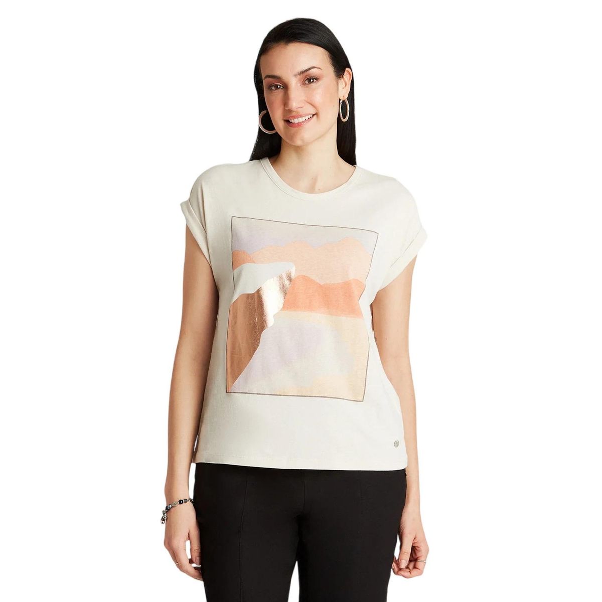 CURVI - Polera Beige Manga Corta Estampado