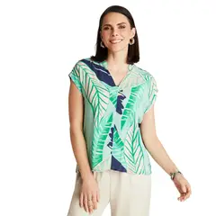 CURVI - Polera Verde Manga Corta Estampado Frontal